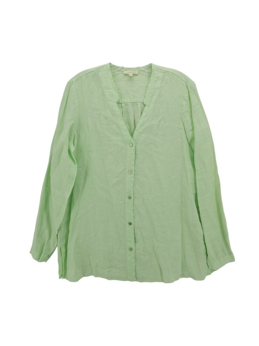 EILEEN FISHER Green 100% Irish Linen Long Sleeve Shirt Side Slits Size MEDIUM